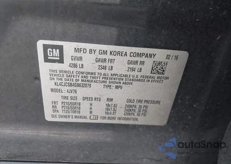 2016 Buick Encore Leather из США, поврежденный, VIN KL4CJCSB4GB632079